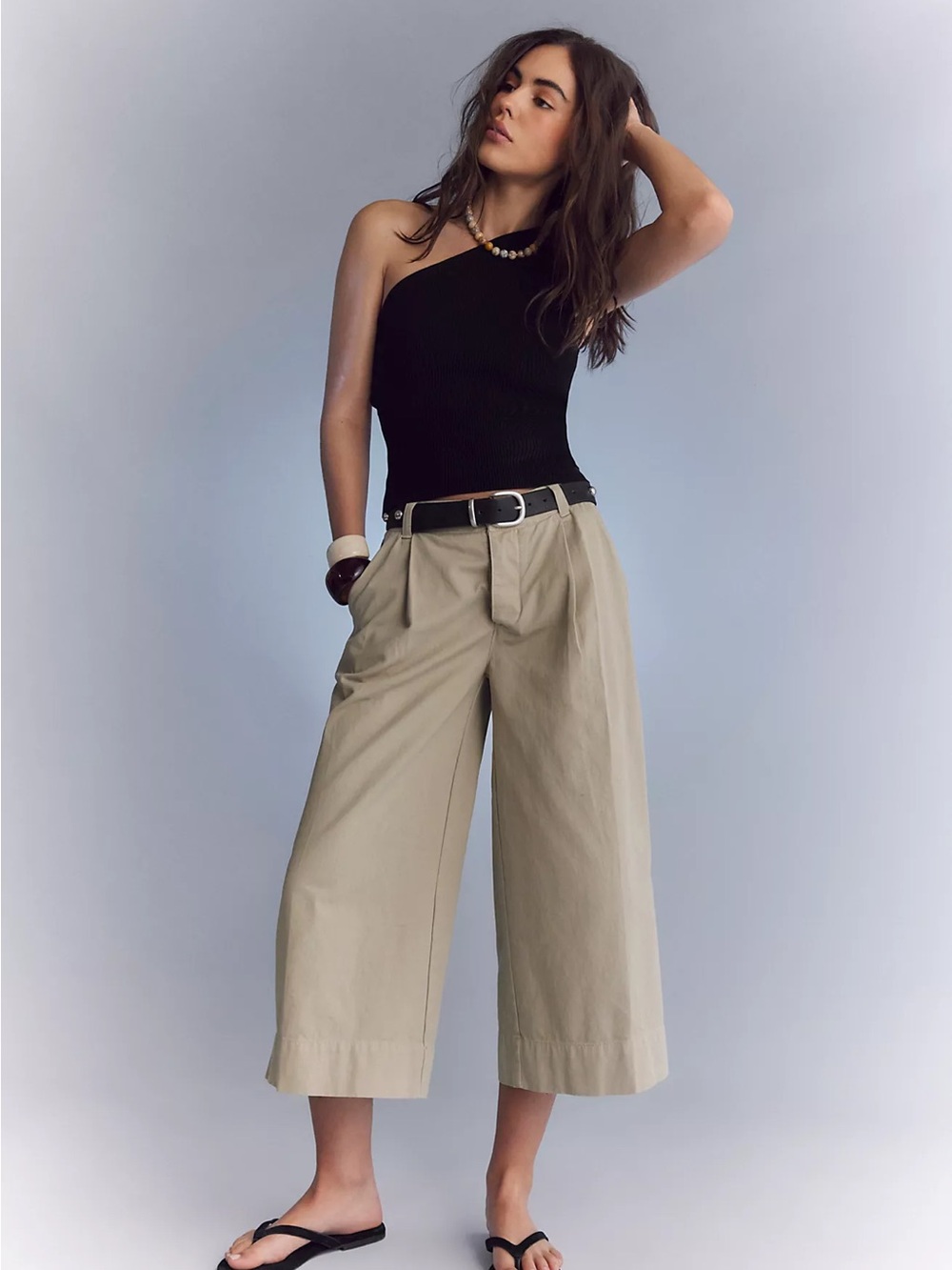 Free People Maude Wide Cropped Chino Trousers Beige Wide Leg Pants Size 6